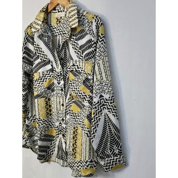 Melloday Patterned Patchwork Blouse in Black Yellow Button Front Size M $268 - Picture 2 of 7